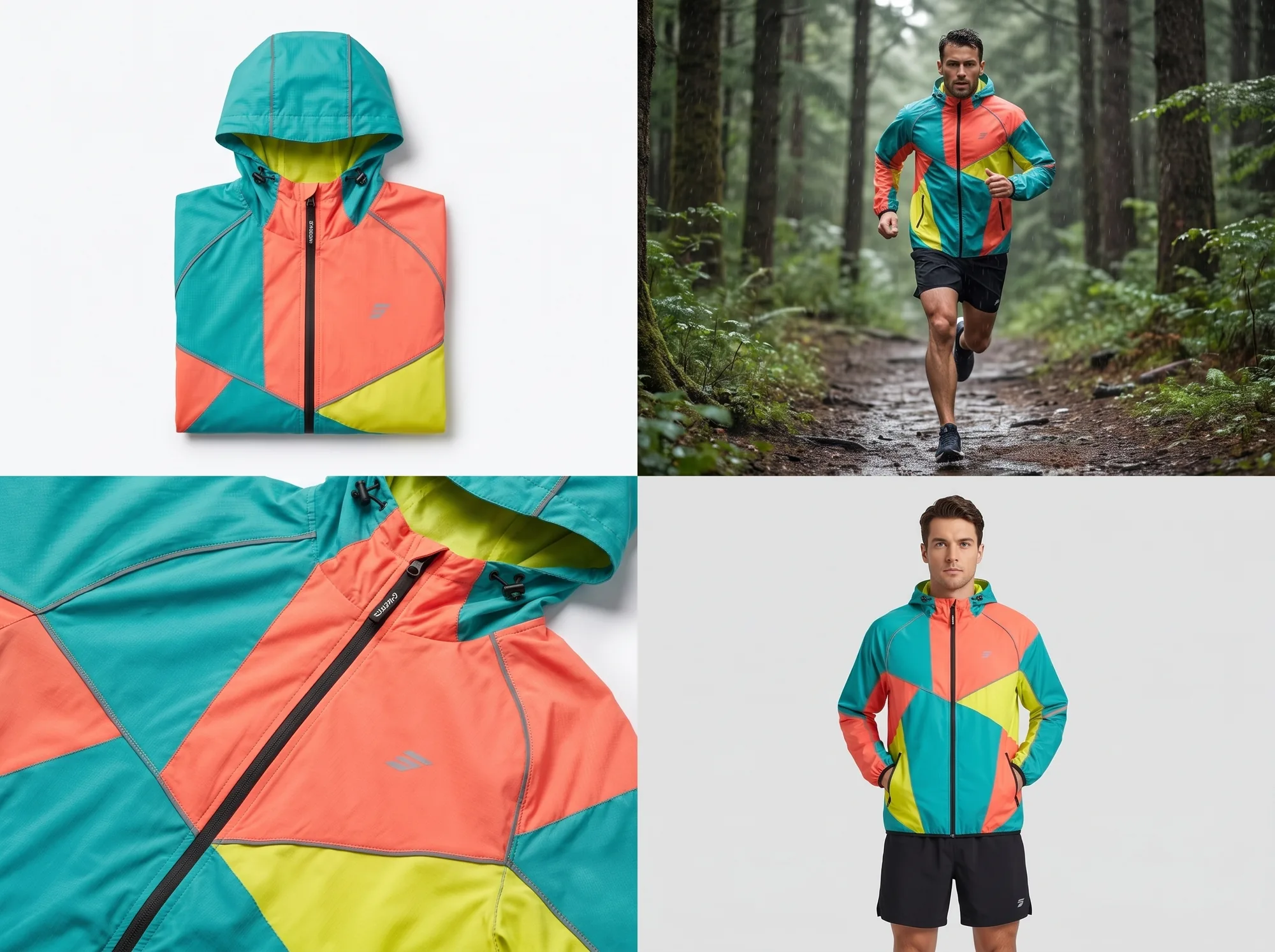 Windbreaker e-commerce asset set 2 — folded, on-model, and action shots