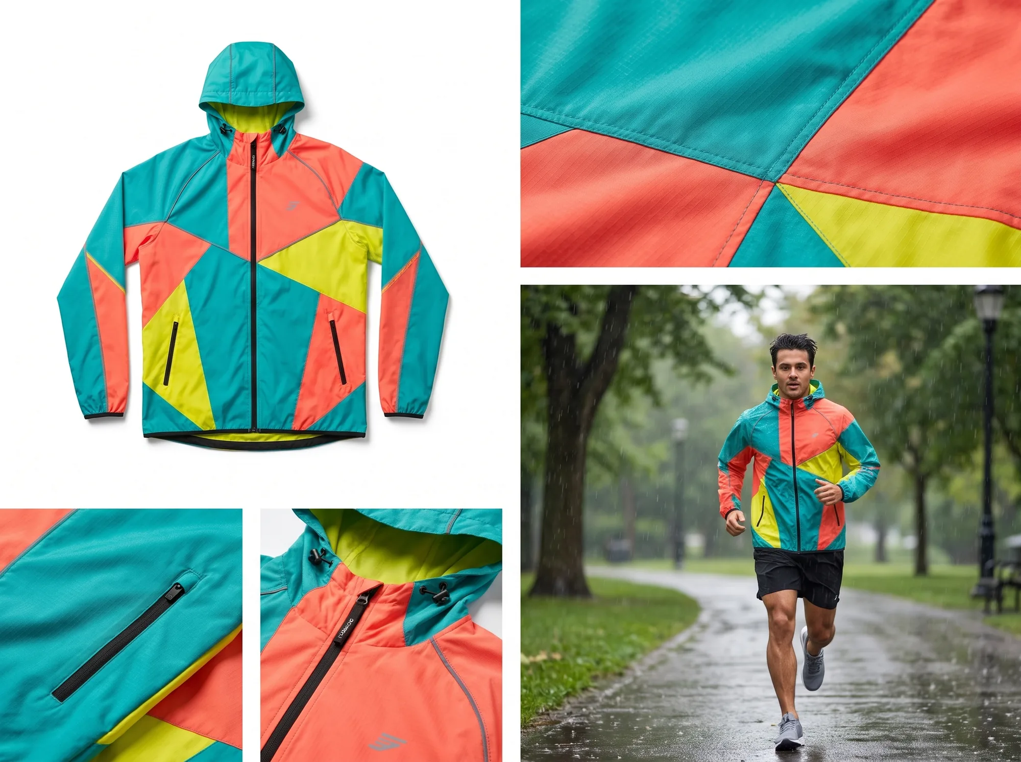 Windbreaker e-commerce asset set 3 — on-model, macro detail, and action shots