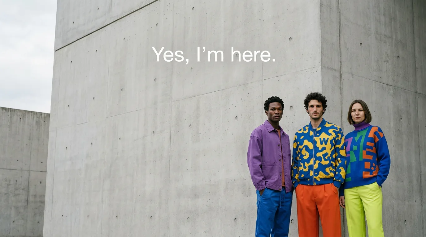 Campaign image of three models in colored garments against a concrete wall