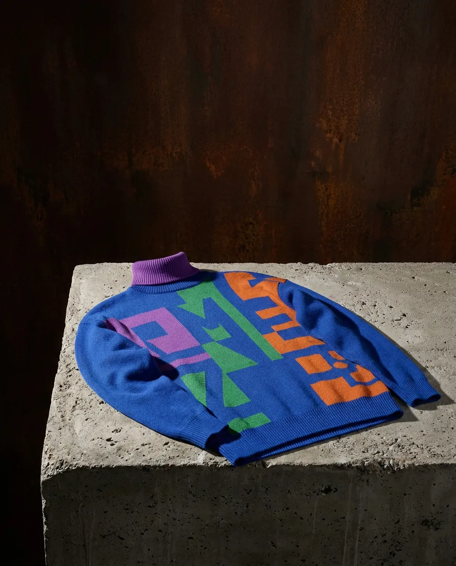 Melel knit, still life on concrete against rusted steel