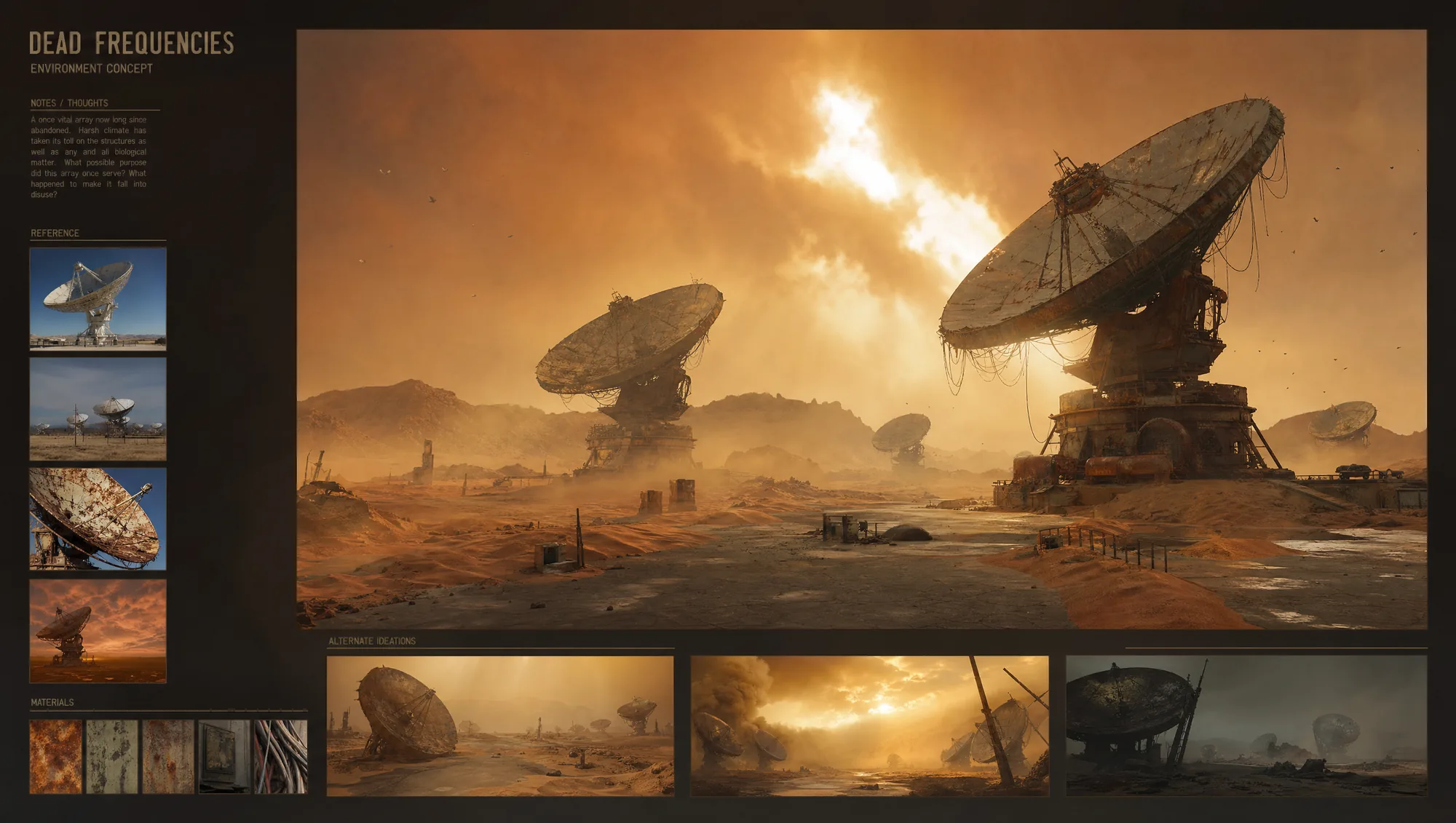 Dead Frequencies environment concept board — abandoned satellite array