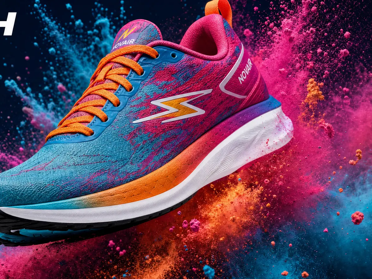 NOVAIR running shoe suspended in a burst of blue, pink and orange powder