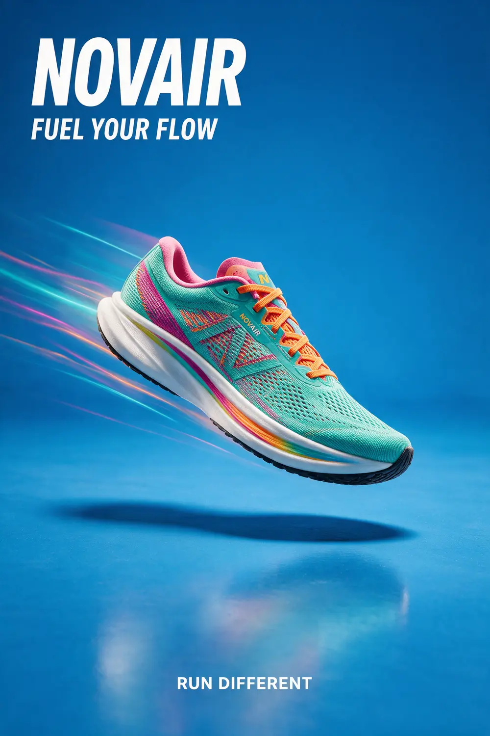 NOVAIR poster — the shoe angled across a blue ground with colour trails behind it, headline top left