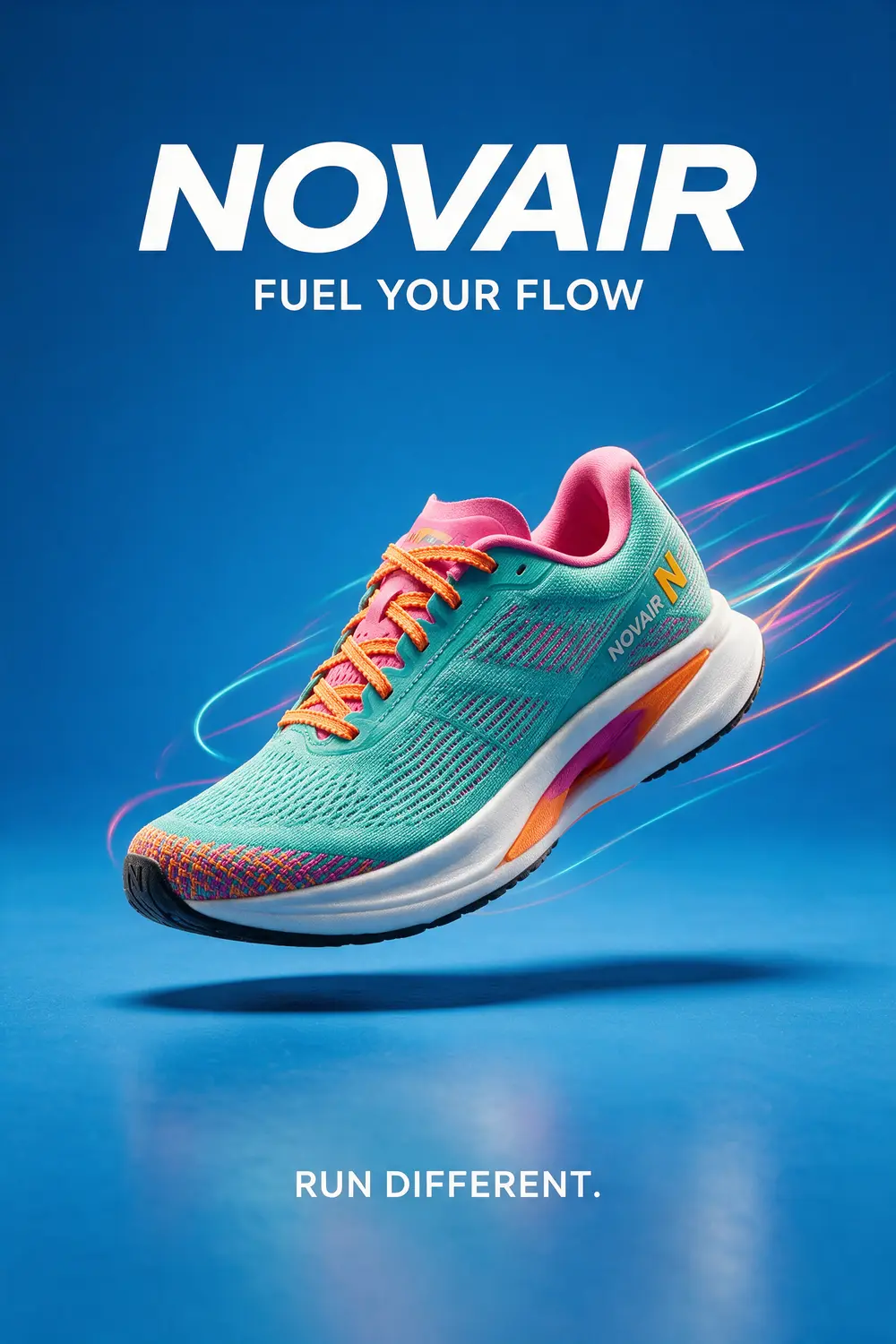 NOVAIR poster — the shoe on a blue ground beneath a centred wordmark, light ribbons wrapping the sole