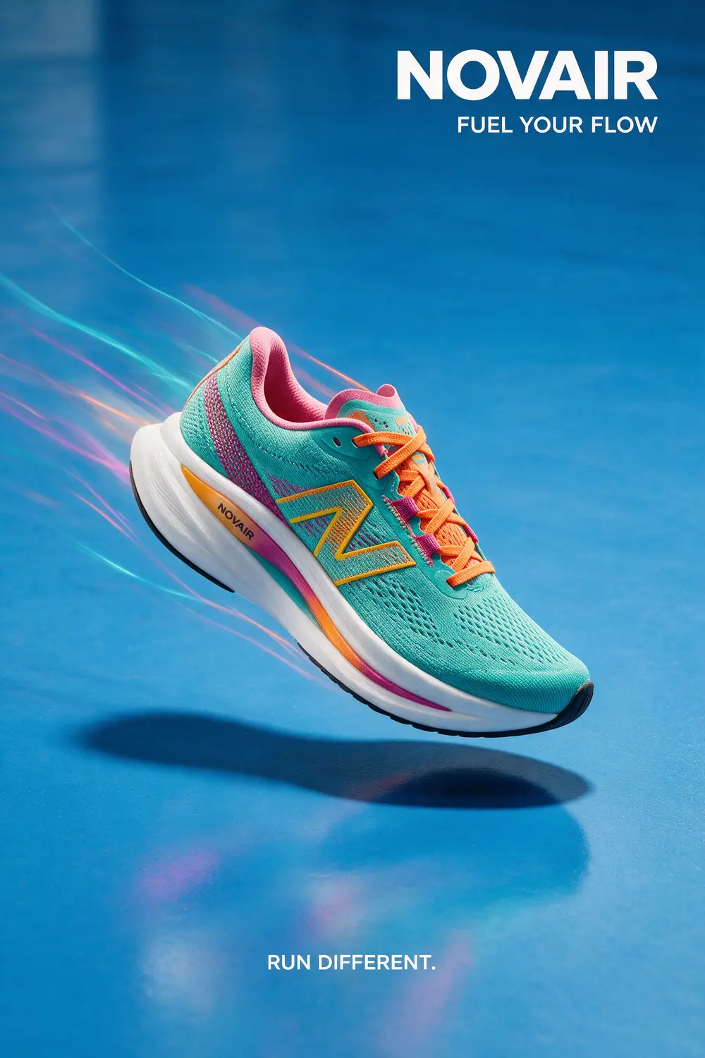 NOVAIR poster — the shoe low on a blue ground with the wordmark set top right and colour streaks trailing left