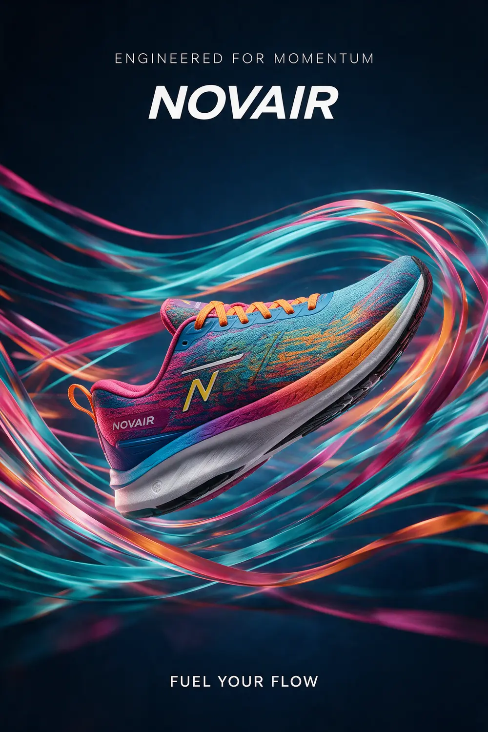 NOVAIR poster — the shoe on deep navy inside a wide swirl of coloured light, wordmark large above