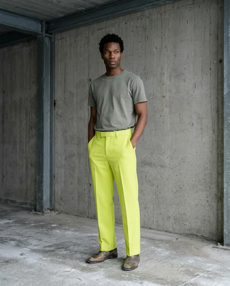 KROMA still 1 — full-length shot of model in Elima trousers against a concrete wall