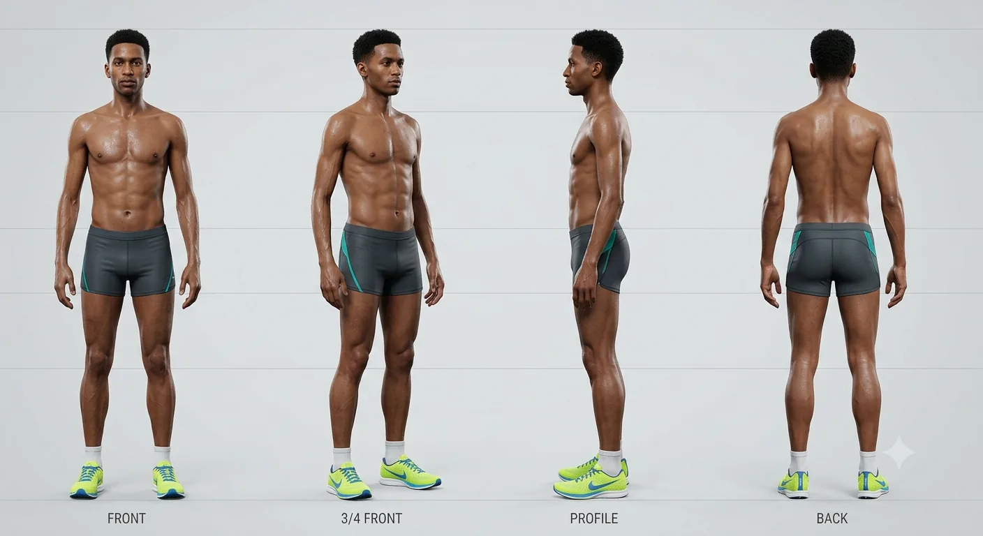 Runner model turnaround sheet — front, 3/4, profile, back